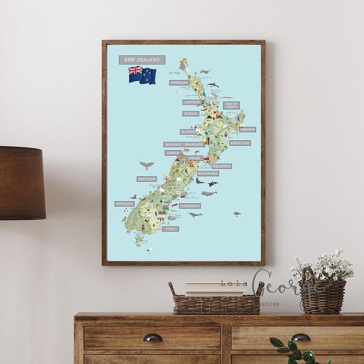 Lola & George NZ Map (Oh the Places You could Go) - Wall Art Decor A2
