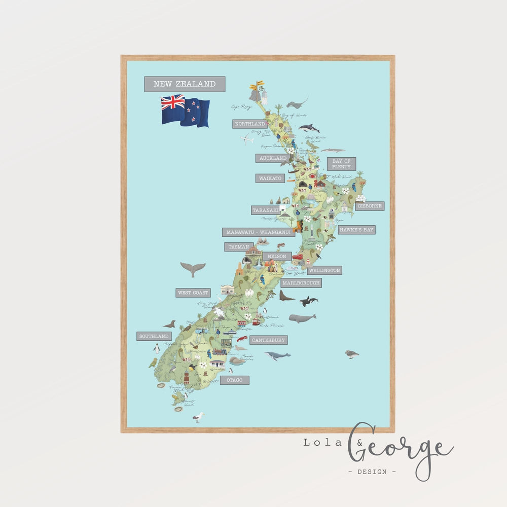 Lola & George NZ Map (Oh the Places You could Go) - Wall Art Decor A2