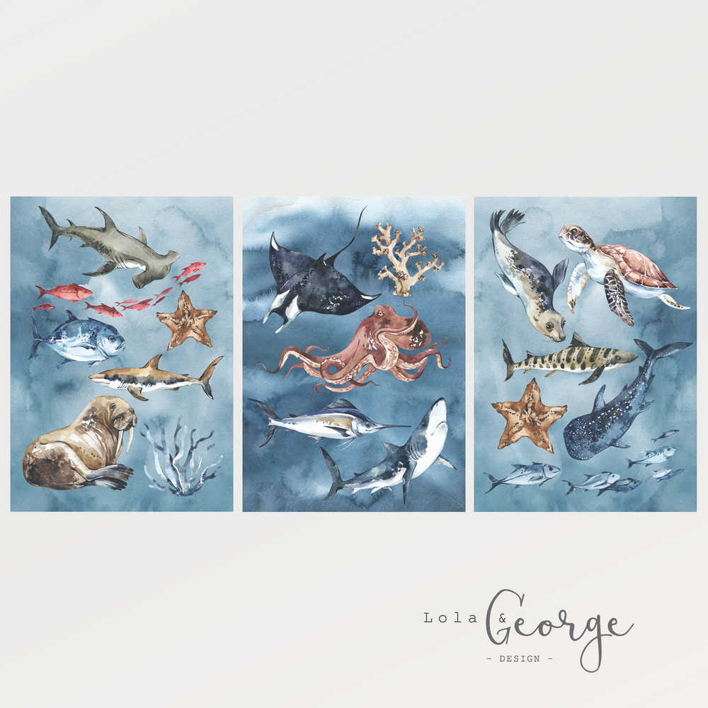 Lola & George Underwater Trilogy Set - Wall Art Decor A3